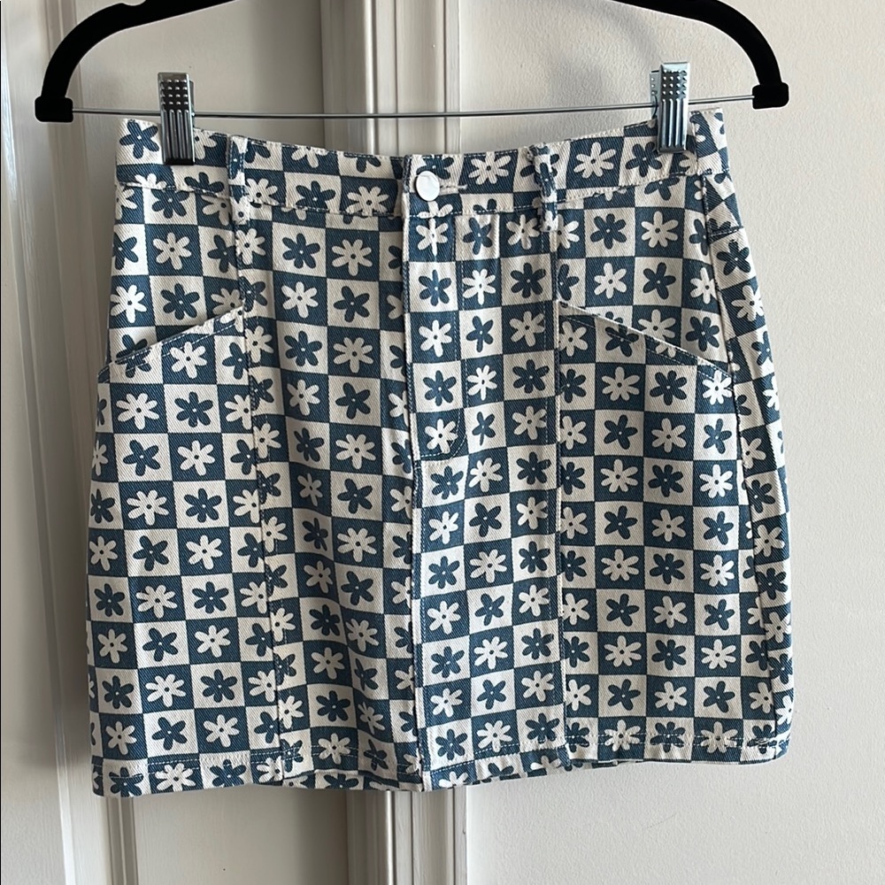 Floral Checkered Print Denim Skirt
